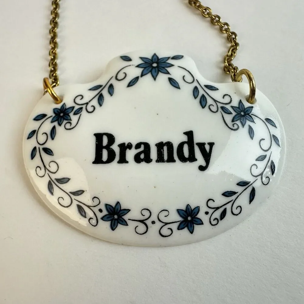 Vintage White Blue Floral Bone China Brandy Bottle Decanter Tag Marker England